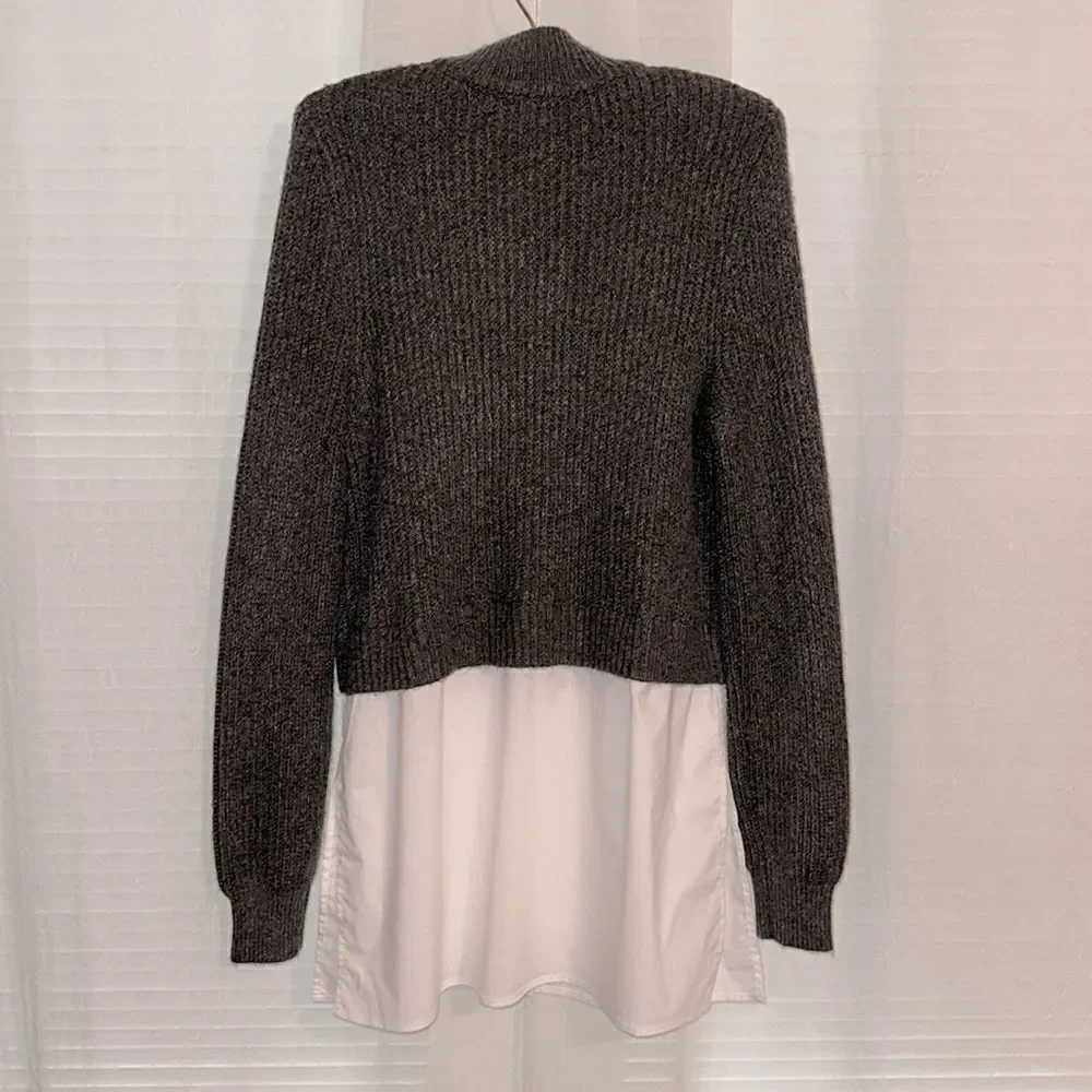 Halston M Charcoal Gray White Cotton Shirt Combo Knit Mock Neck Sweater